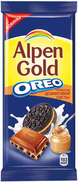 Шоколад Alpen Gold Оreo молочный с начинкой со вкусом арахисовой пасты и кусочками печенья 95г