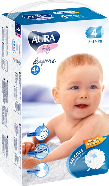 AURA BABY Подгузники одноразовые для детей 4/L 7 14 кг jambo pack 44шт КК/4