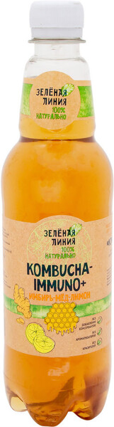 Напиток сокосодержащий Зеленая линия Kombucha Immuno Имбирь мед и лимон 555мл