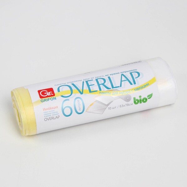 Мешки для мусора с завязками Bio Overlap, 60 л, 63×78 см, 11 мкм, ПНД, 10 шт, цвет жёлтый