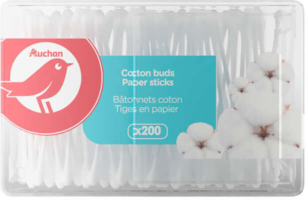 Ватные палочки АШАН из хлопка с бумажным стержнем, 200 шт