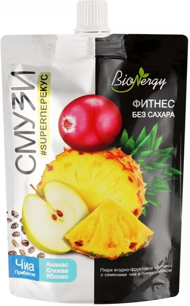 Смузи клюква,ананас,яблоко,чиа,пребиотик САВА Фитнес BiOnergy, 120 гр., дой-пак с дозатором