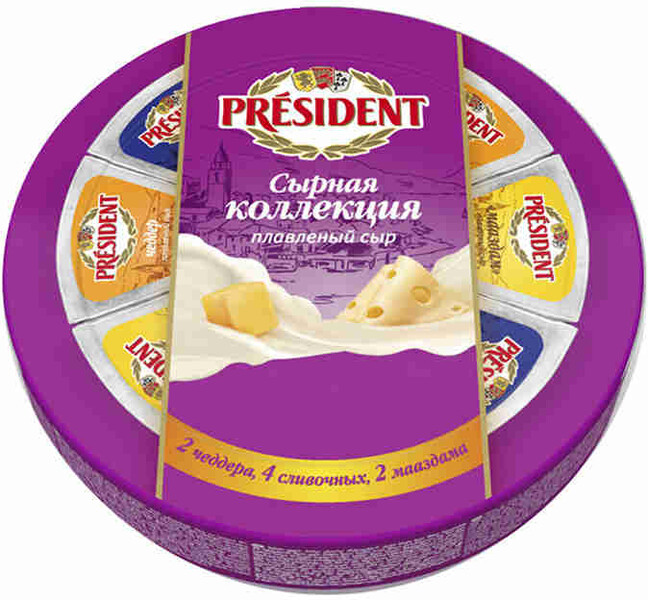 Сыр плавленый President Сырная коллекция сливочный, маасдам, чеддер 45% 140 г