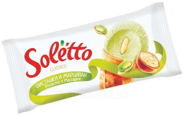 Мороженое рожок сливочное фисташки и марципан 8%, Soletto, 75 гр., флоу-пак