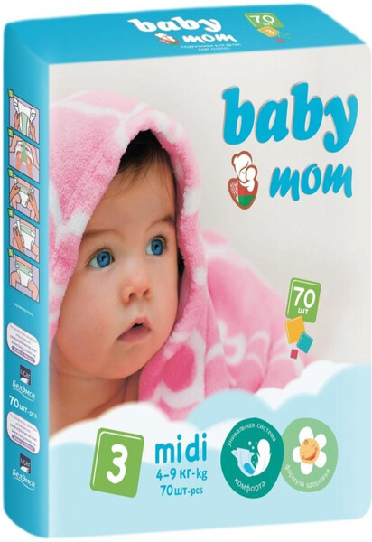 Baby Mom / Подгузники для детей Baby Mom , дневные, ночные, дышащие памперсы, размер 3 midi (4-9 кг), 70 шт.