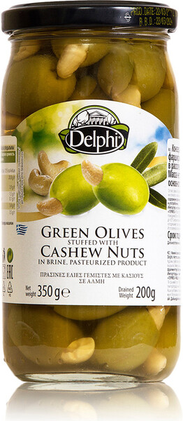 Оливки DELPHI зеленые фаршированные кешью в рассоле 350г ст/б Греция