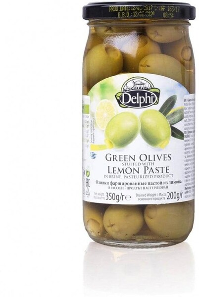 Оливки Delphi фаршированые пастой из лимона в рассоле, 350 гр., стекло