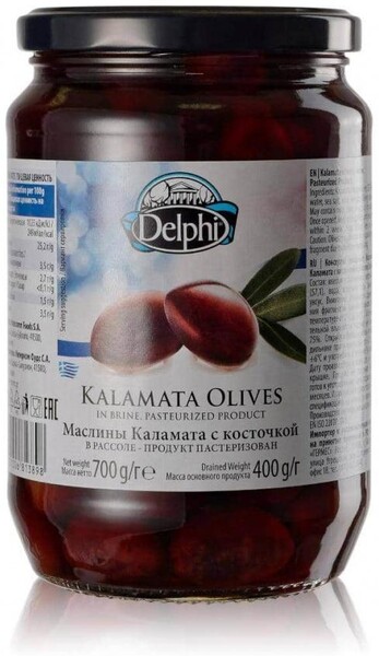 Маслины Delphi каламата с косточкой в рассоле, 700 гр., стекло