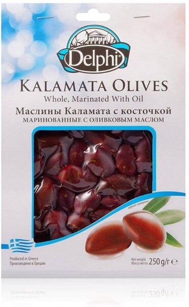 Маслины Delphi каламата с косточкой маринованные с оливковым маслом, 250 гр., картон