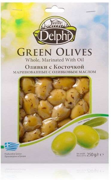 Оливки Delphi с косточкой маринованные с оливковым маслом, 250 гр., вакуум