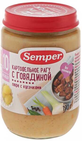 Рагу Semper Картофельное с говядиной для детей с 10 месяцев, 190г