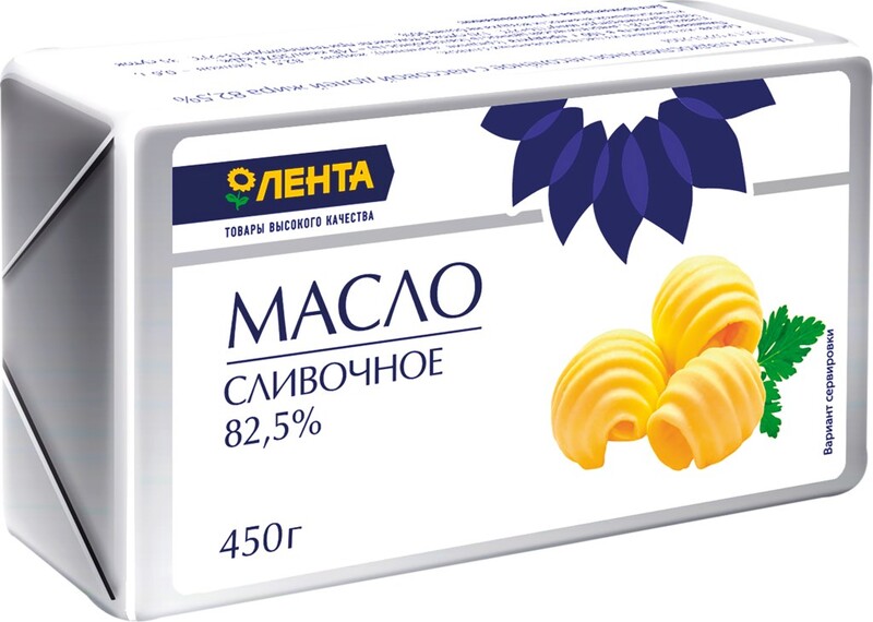 Масло сладкосливочное ЛЕНТА 82,5% высший сорт, без змж, 450г Россия, 450 г
