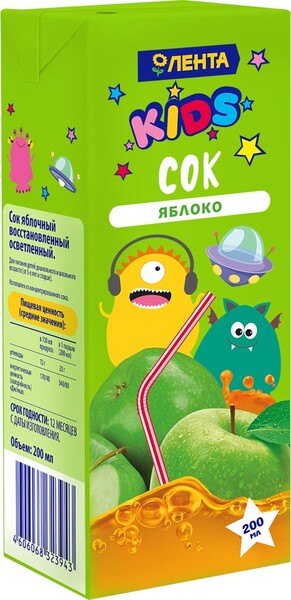 Сок ЛЕНТА Kids Яблочный восстановленный осветленный, 0.2л Россия, 0.2 L