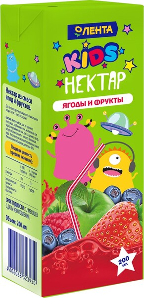 Нектар ЛЕНТА Kids из смеси ягод и фруктов, 0.2л Россия, 0.2 L