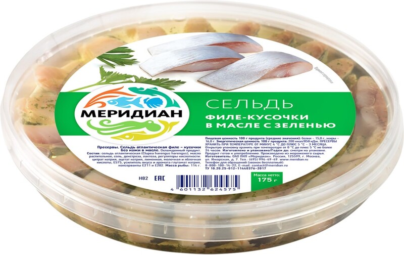 Сельдь МЕРИДИАН филе-кусочки в масле с зеленью, 175г Россия, 175 г