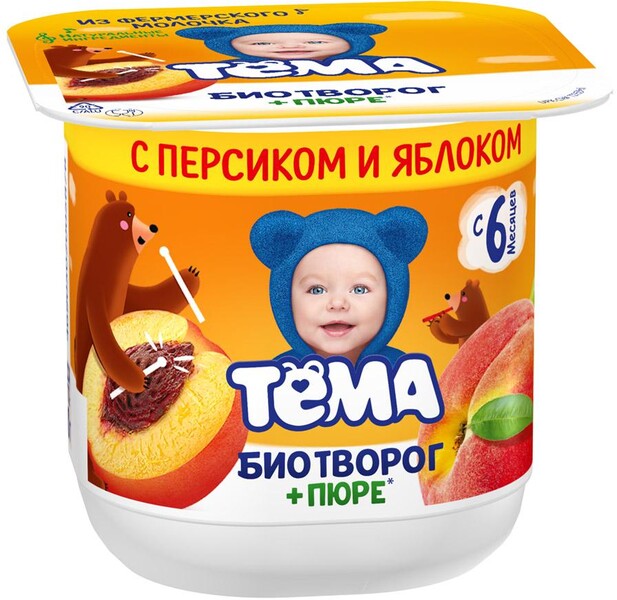 Биотворог-пюре Тёма с персиком и яблоком с сахаром с 6 месяцев 2.5% 100 г