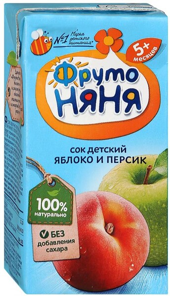 Сок ФрутоНяня яблочно-персиковый неосветленный с 5 месяцев, 200мл Россия
