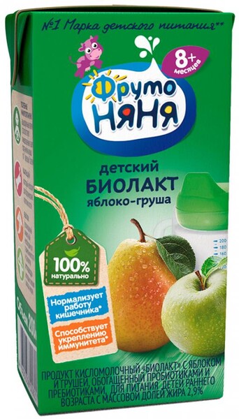 Биолакт ФрутоНяня кисломолочный с яблоком и грушей с 8 месяцев 2.9% 200 г
