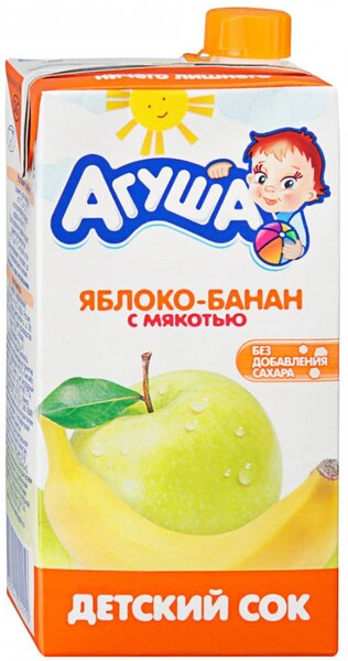 Сок Агуша с яблоком и бананом мякотью восстановленный без сахара с 3 лет 500 мл