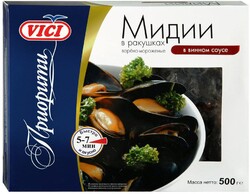 Мидии Vici Приорити в ракушках варено-мороженые в винном соусе 0,5кг