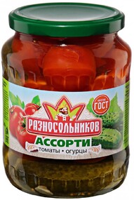 Ассорти Разносольников маринованное из огурцов и томатов 680 г