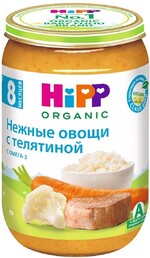 Пюре Hipp Organic Нежные овощи с телятиной с Омега-3 без сахара с 8 месяцев 220 г