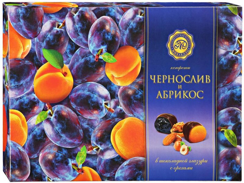 Конфеты Микаелло Чернослив и абрикос в шоколадной глазури с орехами 220г