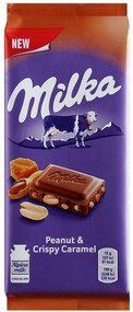 Шоколад Milka молочный с арахисом, кусочками хрустящей карамели, рисовыми шариками и кукурузными хлопьями, 90г