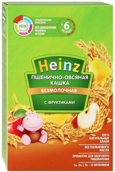 Каша пшенично-овсяная Heinz безмолочная быстрорастворимая с фруктиками с 6 месяцев 200 г