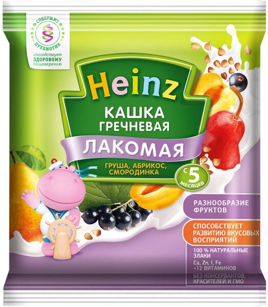 Кашка Heinz молочная лакомая гречневая грушка, абрикос, смородинка с 5 месяцев 30г