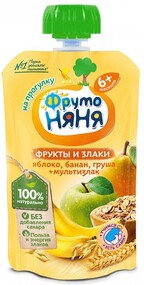 Пюре ФрутоНяня с яблоком бананом грушей и мультизлаками без сахара с 6 месяцев 130 г
