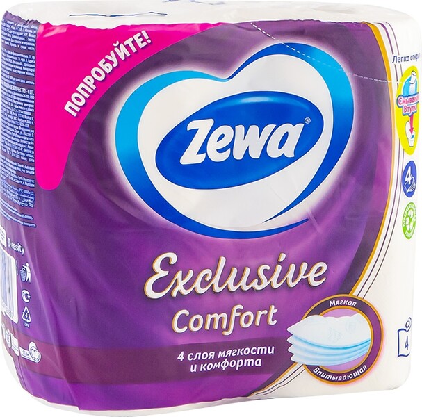 Туалетная бумага, Zewa, Exclusive Comfort, 4 слоя, 4 рулона