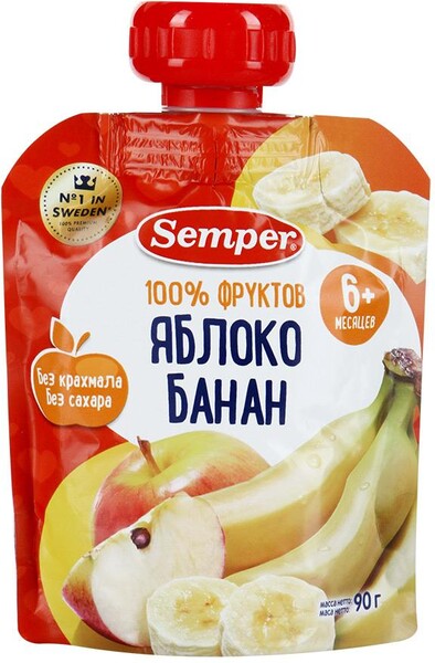 Пюре Semper с яблоком и бананом без сахара с 6 месяцев 90 г