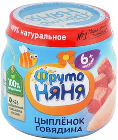 Пюре ФрутоНяня с мясом цыпленка и говядиной без сахара с 6 месяцев 80 г