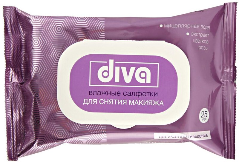 Салфетки влажные для снятия макияжа, с пластиковым клапаном, 25шт., Diva №25 , Флоу-пак