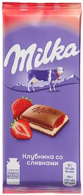 Шоколад молочный Milka с двухслойной начинкой клубника-сливки 90г