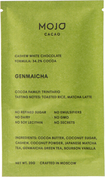 Шоколад белый веганский с зеленым чаем Mojo Cacao Genmaicha 20 г, Россия