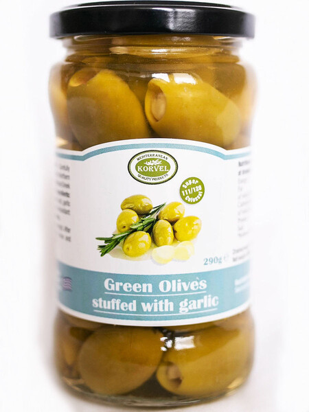 Натуральные зеленые оливки фарш. чесноком, Супер Колоссал, KORVEL, стеклянная банка, 290 гр