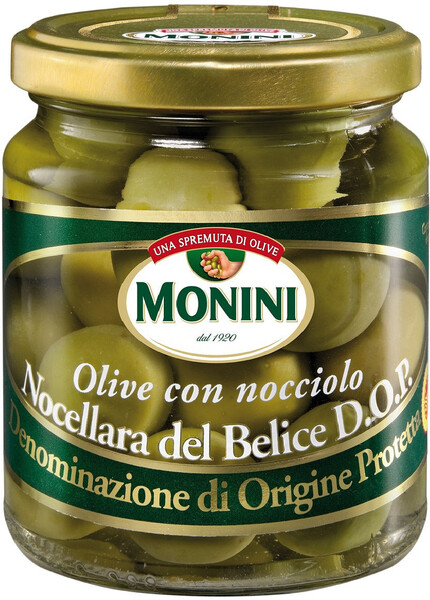 Оливки Monini Nocellara del Belice D.O.P. с косточкой, 300 гр., стекло