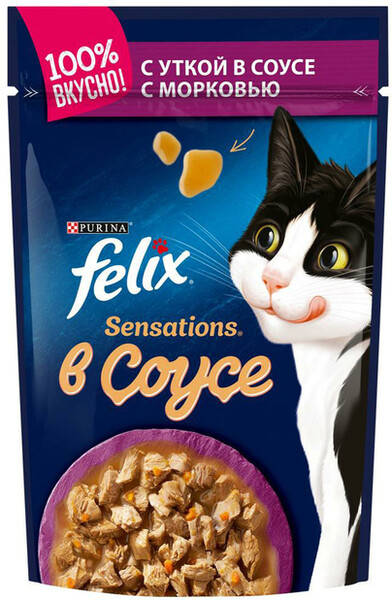 Корм консервированный для взрослых кошек FELIX Sensations с уткой в соусе с морковью, 85г Россия, 85 г