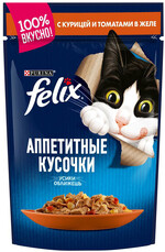 Корм консервированный для взрослых кошек FELIX Аппетитные кусочки с курицей и томатами в желе, 85г Россия, 85 г