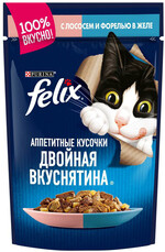 Корм консервированный для взрослых кошек FELIX Аппетитные кусочки Двойная вкуснятина с лососем и форелью в желе, 85г Россия, 85 г