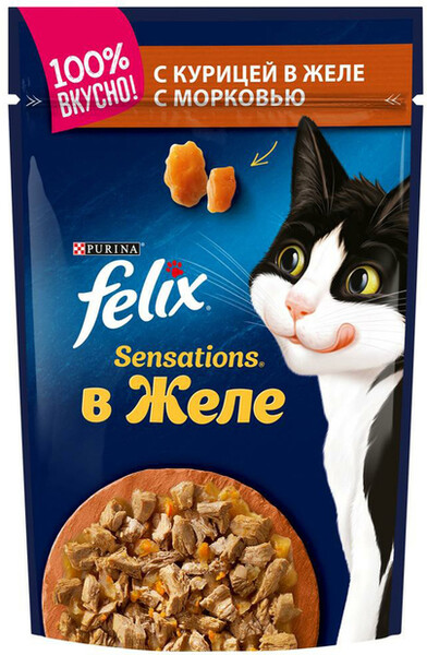 Корм консервированный для взрослых кошек FELIX Sensations с курицей в желе с морковью, 85г Россия, 85 г