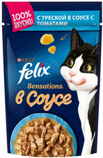 Корм консервированный для взрослых кошек FELIX Sensations с треской в соусе с томатами, 85г Россия, 85 г