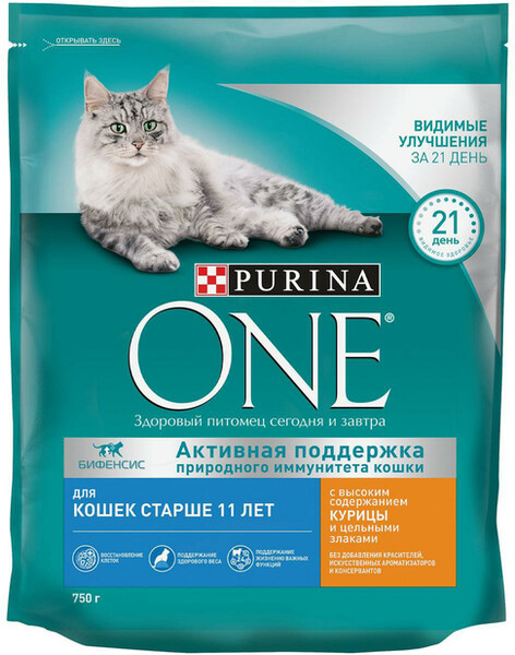 Корм сухой Purina One для кошек старше 11 лет с высоким содержанием курицы и цельными злаками 750 г