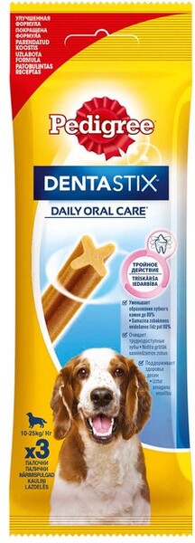 Лакомство для собак PEDIGREE Denta Stix для ухода за зубами для щенков и собак средних пород 77г