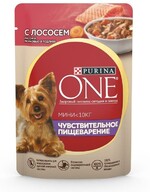 Влажный корм Purina One Мини для взрослых собак мелких пород с чувствительным пищеварением с лососем рисом и морковью в подливе 85 г