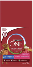 Корм для собак Purina One для взрослых собак средних и крупных пород с говядиной и рисом 10кг