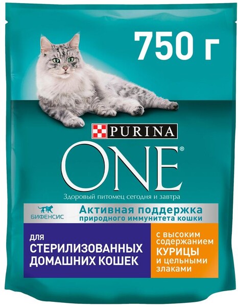 Корм сухой для взрослых кошек PURINA ONE с высоким содержанием курицы и цельными злаками, для стерилизованных и кастрированных, живущих в домашних условиях, 750г Россия, 750 г