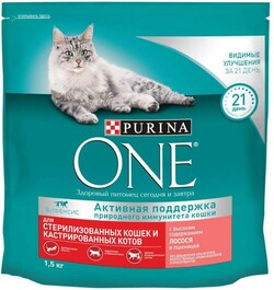 Корм сухой для взрослых кошек PURINA ONE с высоким содержанием лосося и пшеницей, для стерилизованных и кастрированных, 1,5кг Россия, 1,5 кг